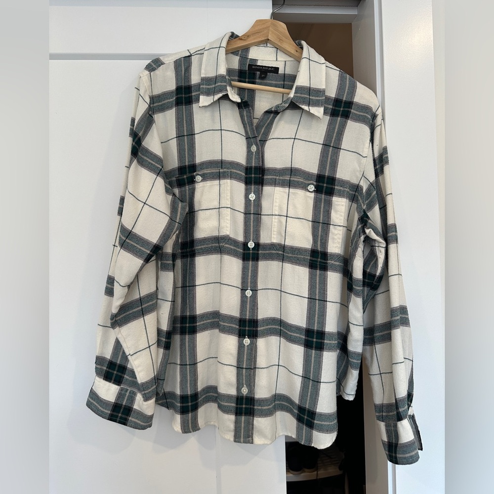 Banana Republic Cream and Dark Green Plaid Button-Down Shirt